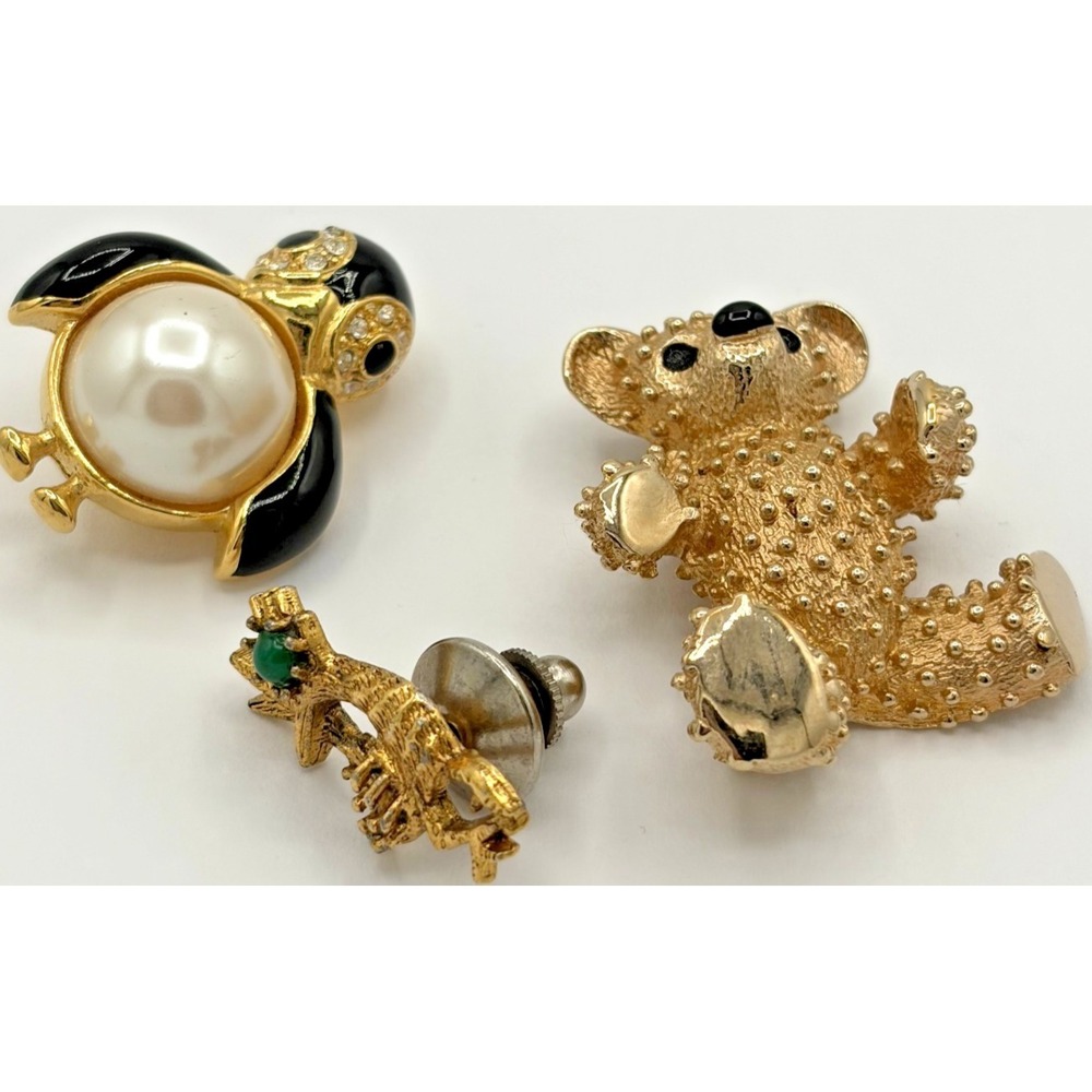 Vintage Mixed Animal Brooch Pin Lot Bear Penguin Gold Tone Black